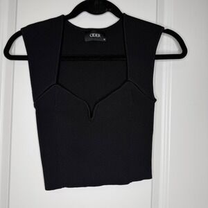 Cider Black Ribbed Knit Notched Sweetheart Neckline Crop Tank Top XL